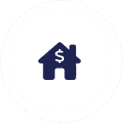 A blue and white icon of a house with dollar sign.